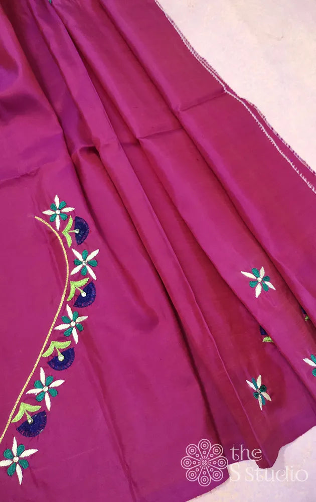 Rani pink kanchipuram silk blouse material with thread embroidery