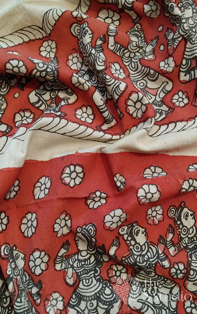 Red pen kalamkari cotton blouse fabric