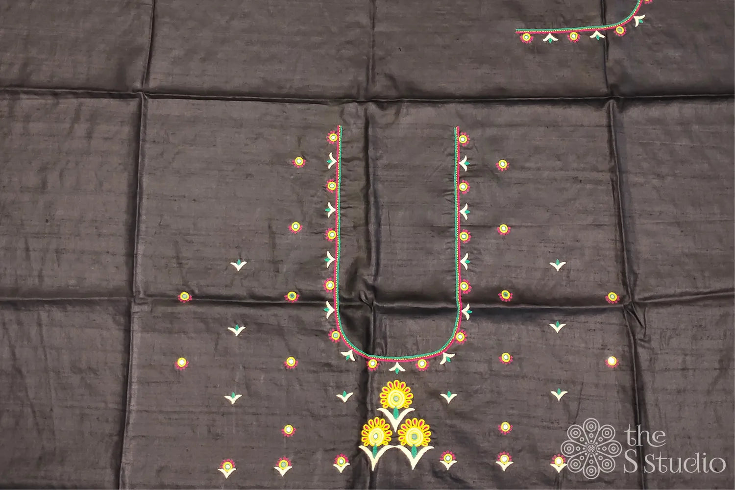 Black Tussar silk blouse material with kutch hand embroidery