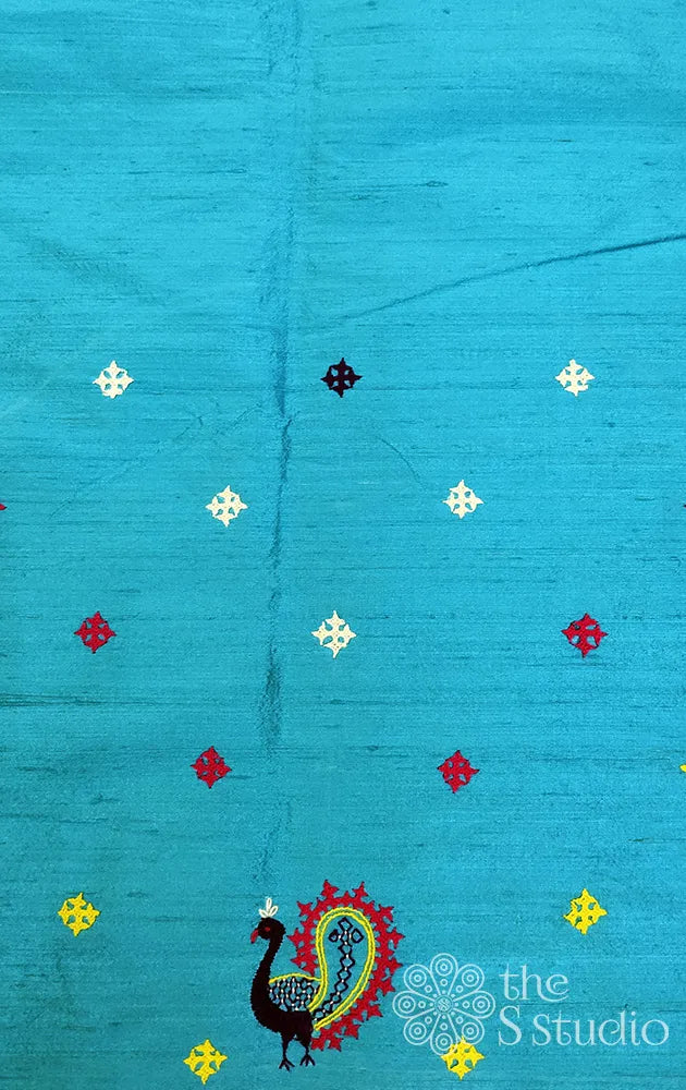 Light Blue Raw silk Blouse material with kutch embroidery