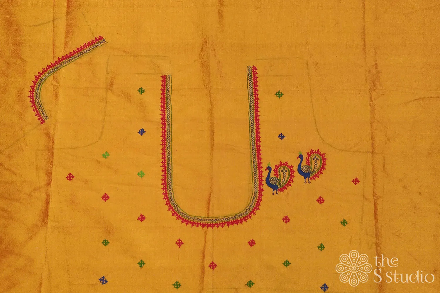 Mustard Raw silk blouse material with Rabari kutch Hand embroidery