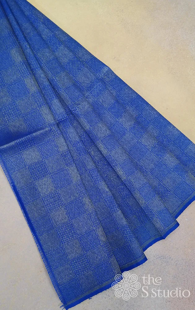 Royal blue kanchi silk blouse material with zari checks design