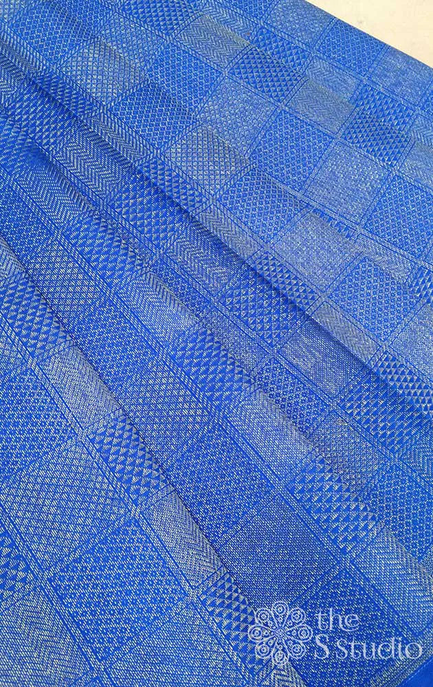 Royal blue kanchi silk blouse material with zari checks design
