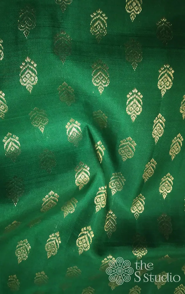 Leaf green kanchi silk blouse material with small Jhumka buttas