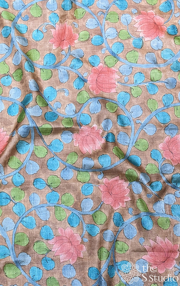 Brown handpainted kalamkari tussar silk fabric with multi colors