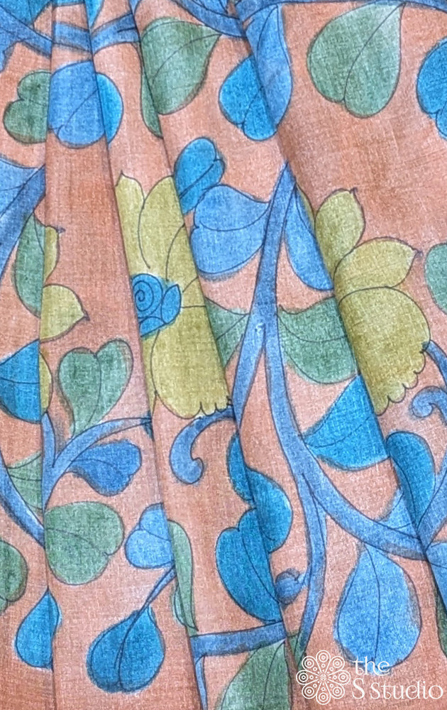 Orange handpainted kalamkari tussar silk fabric with multi colors