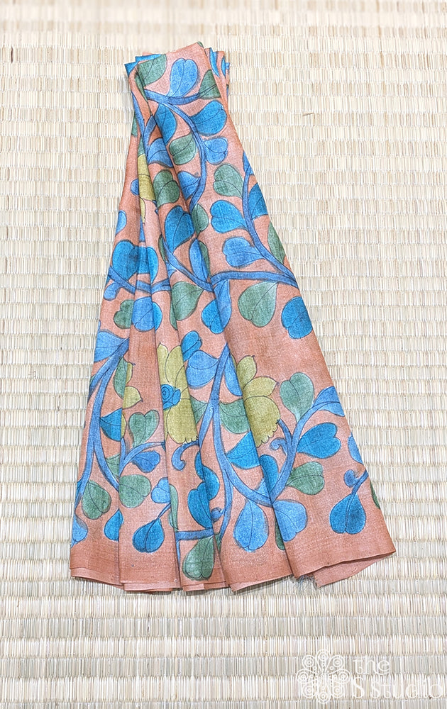 Orange handpainted kalamkari tussar silk fabric with multi colors