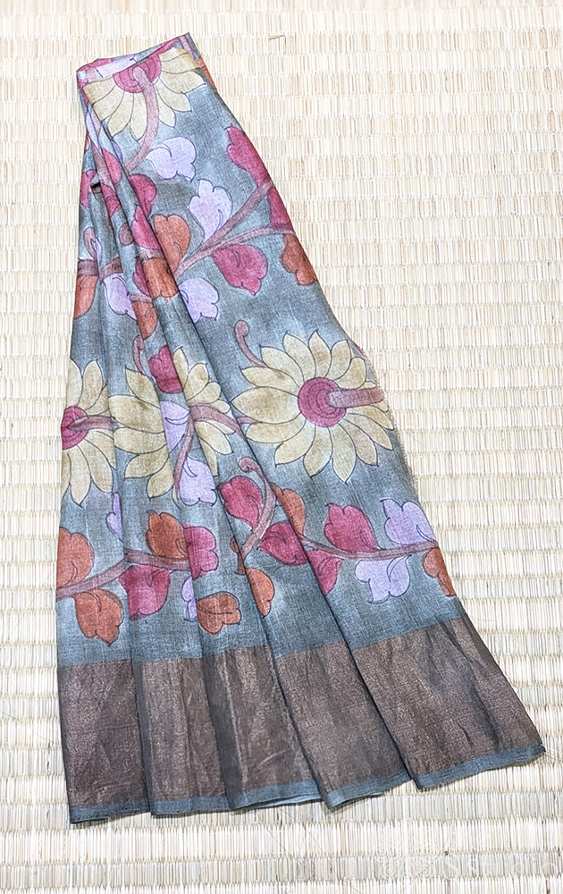 Green handpainted kalamkari tussar silk fabric with floral design