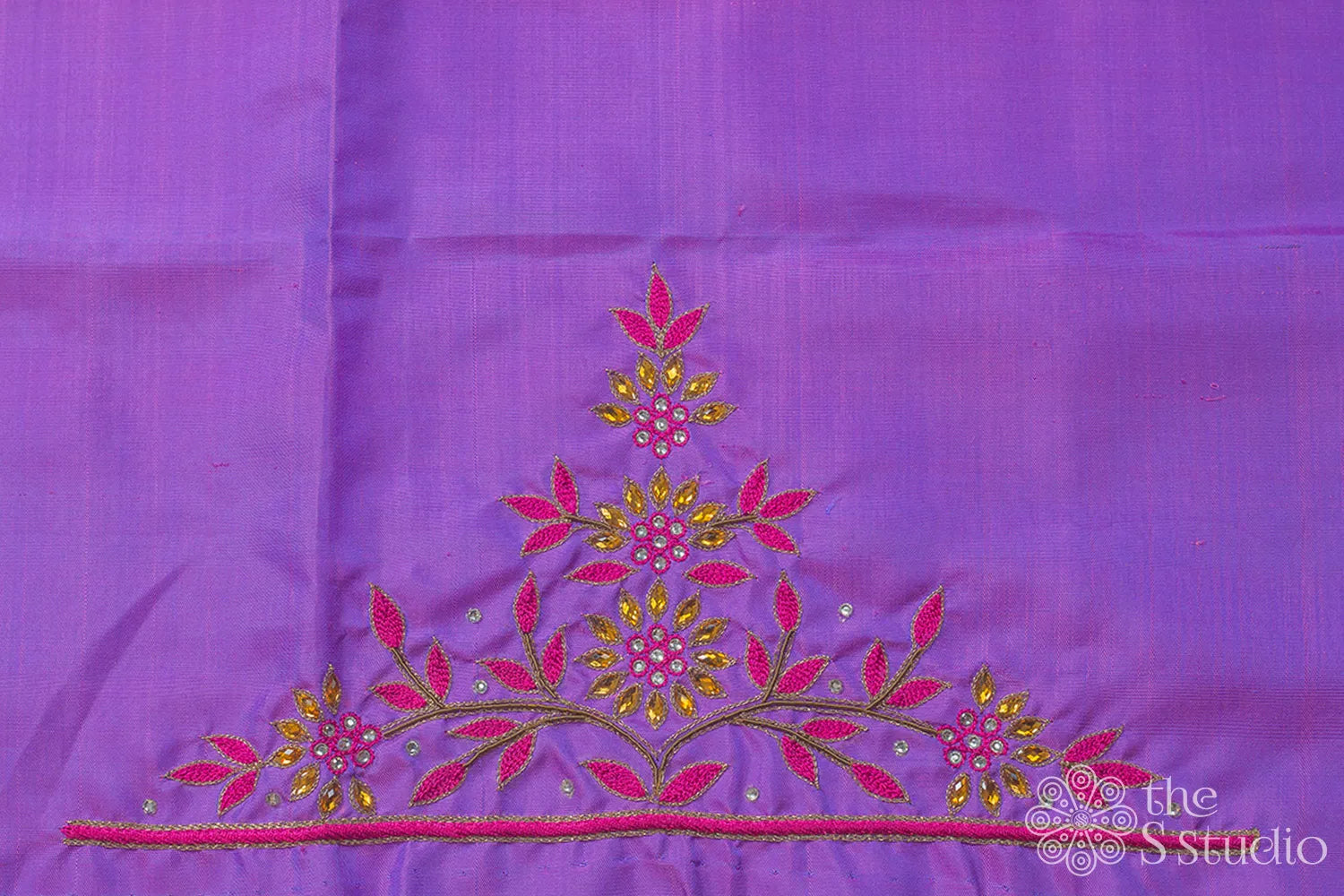 Hand Embroidered Purple kanchipuram Silk Semi-Stitched Blouse Material