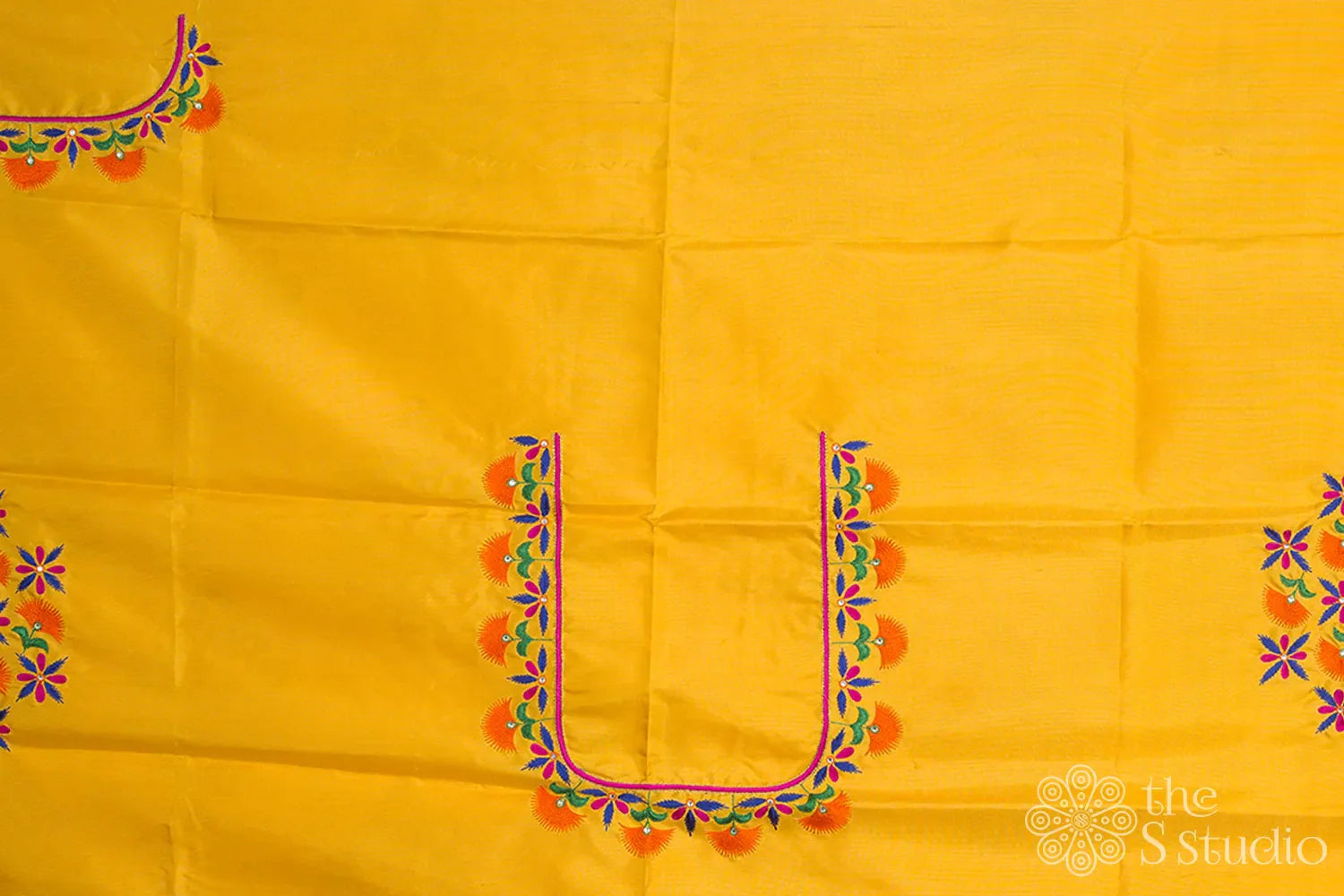 Hand Embroidered yellow Kanchipuram Silk thread Semi-Stitched Blouse Material