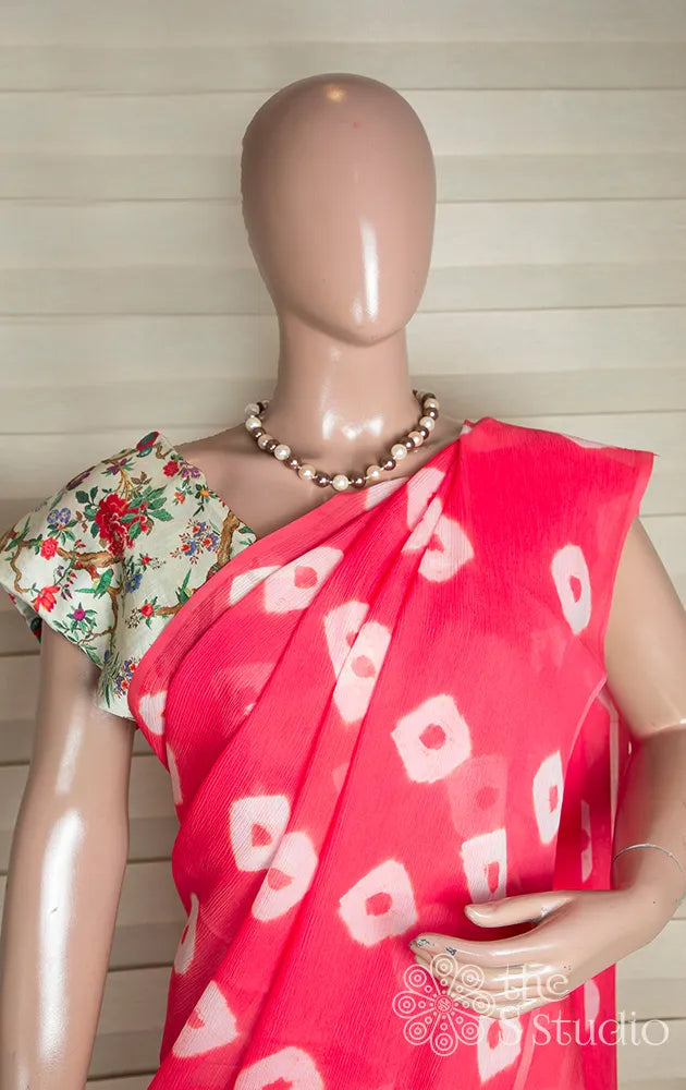 Bandhini prints light red chiffon saree