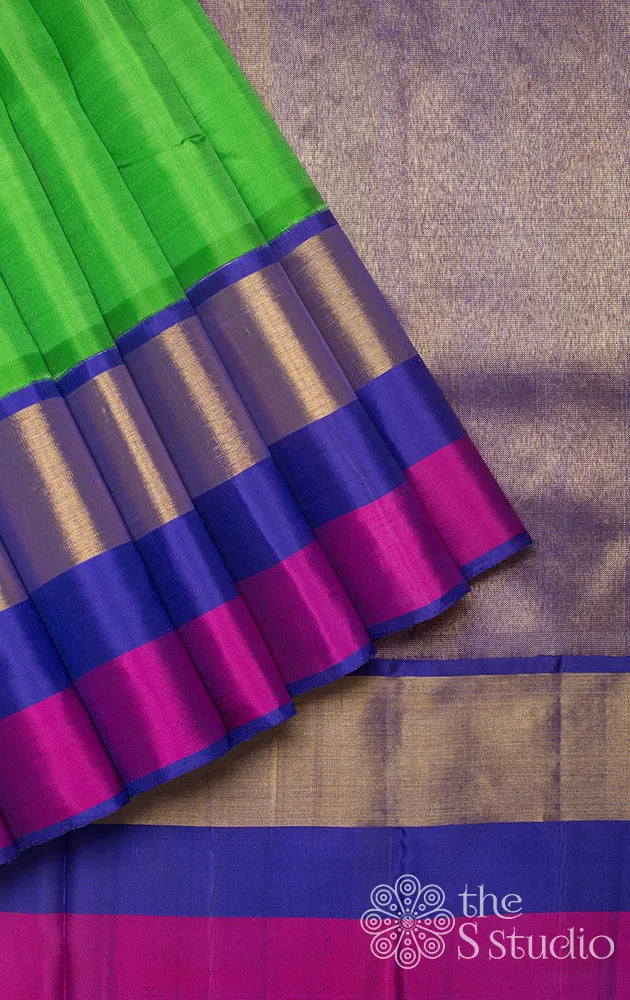 Green Kanchipuram Silk Cutwork Saree with Blue Zari Border