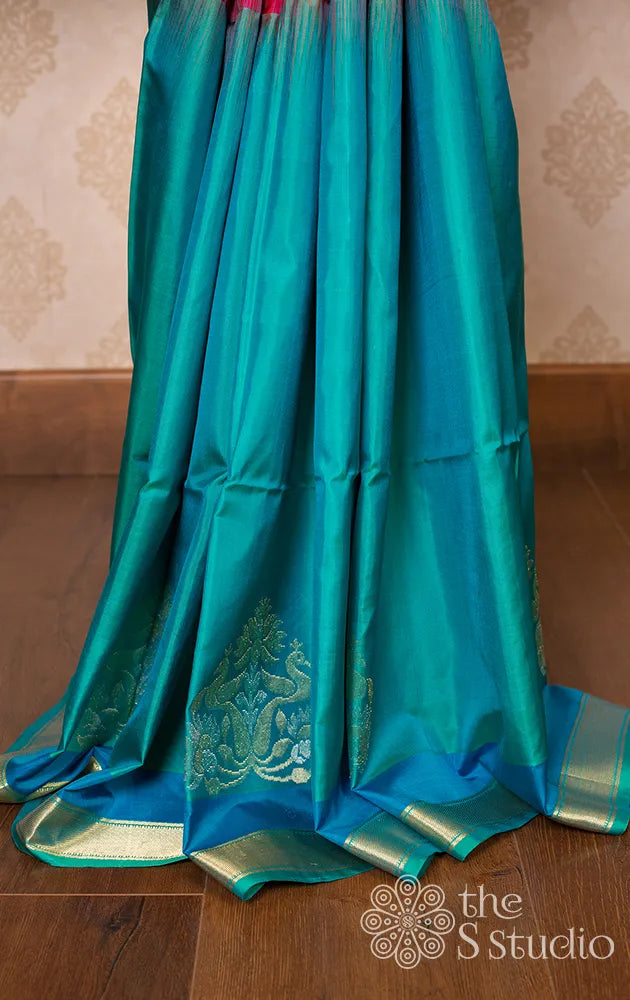 Rose Bluish Green Soft Silk saree Half and Half Saree
