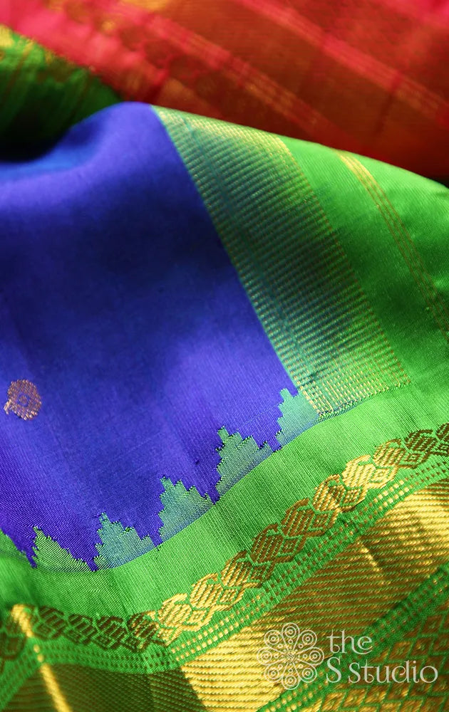 Royal blue gadwal silk saree with ganga jamuna border