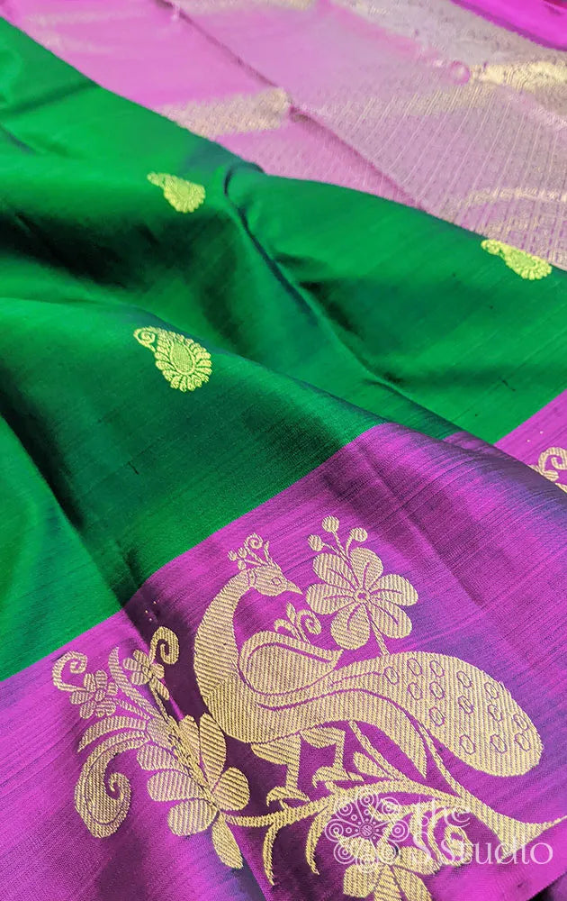 Green Kanchipuram Silk Saree with Magenta Border