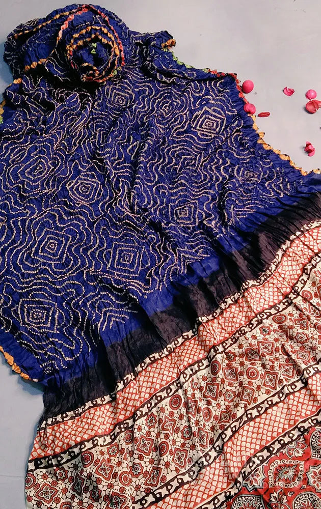 Indigo blue pure bandhani saree with ajrakh pallu
