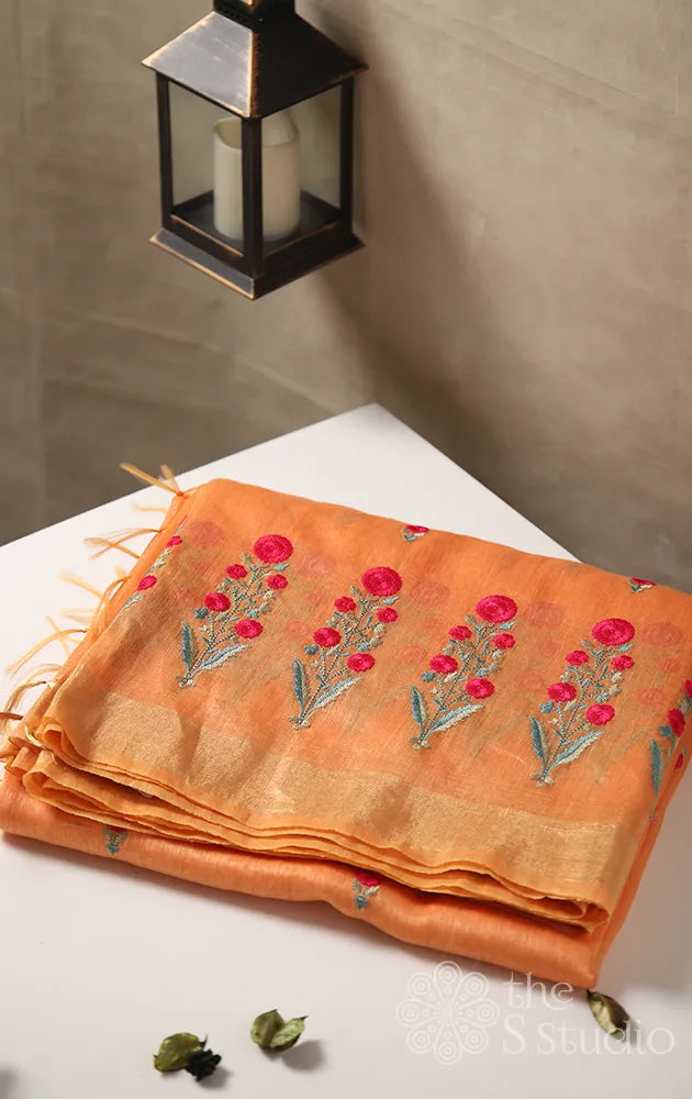 Light orange silk linen saree with embroidery