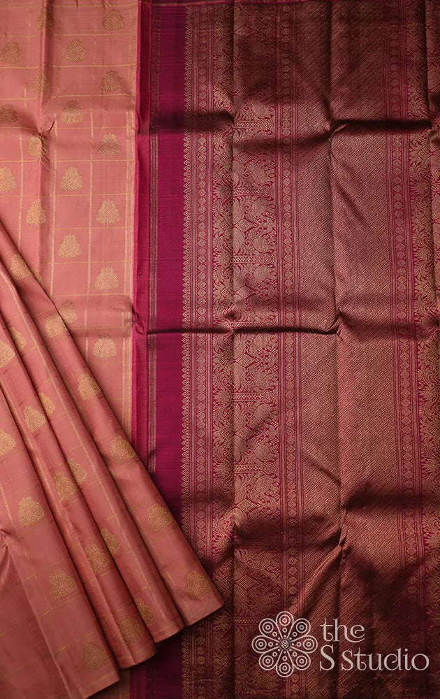 Onion pink checked kanchi silk saree