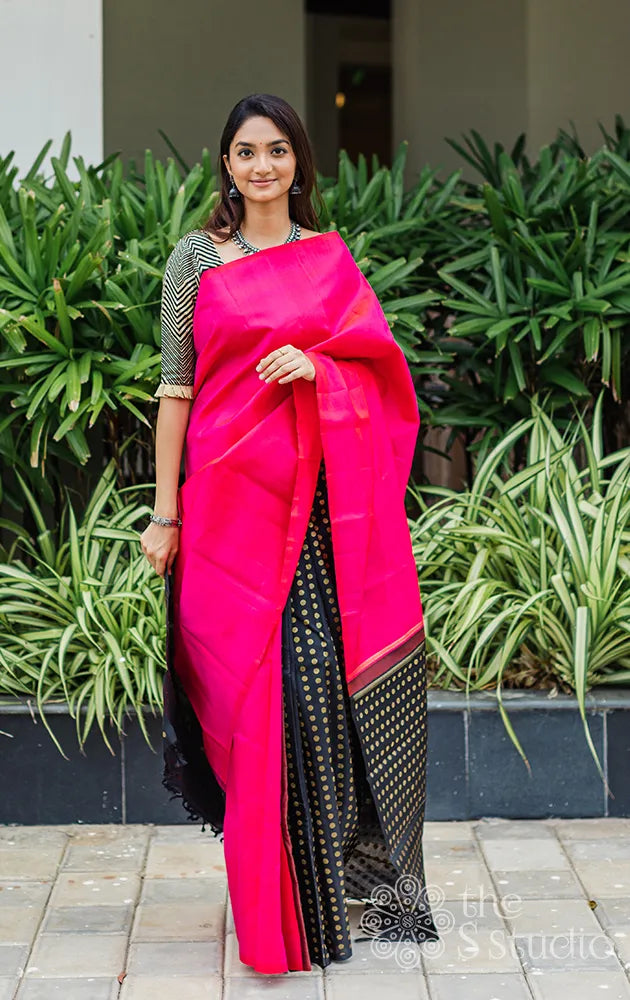 Rani rose kanchipuram silk saree with black partly pallu ( Pre Order Booking Available )
