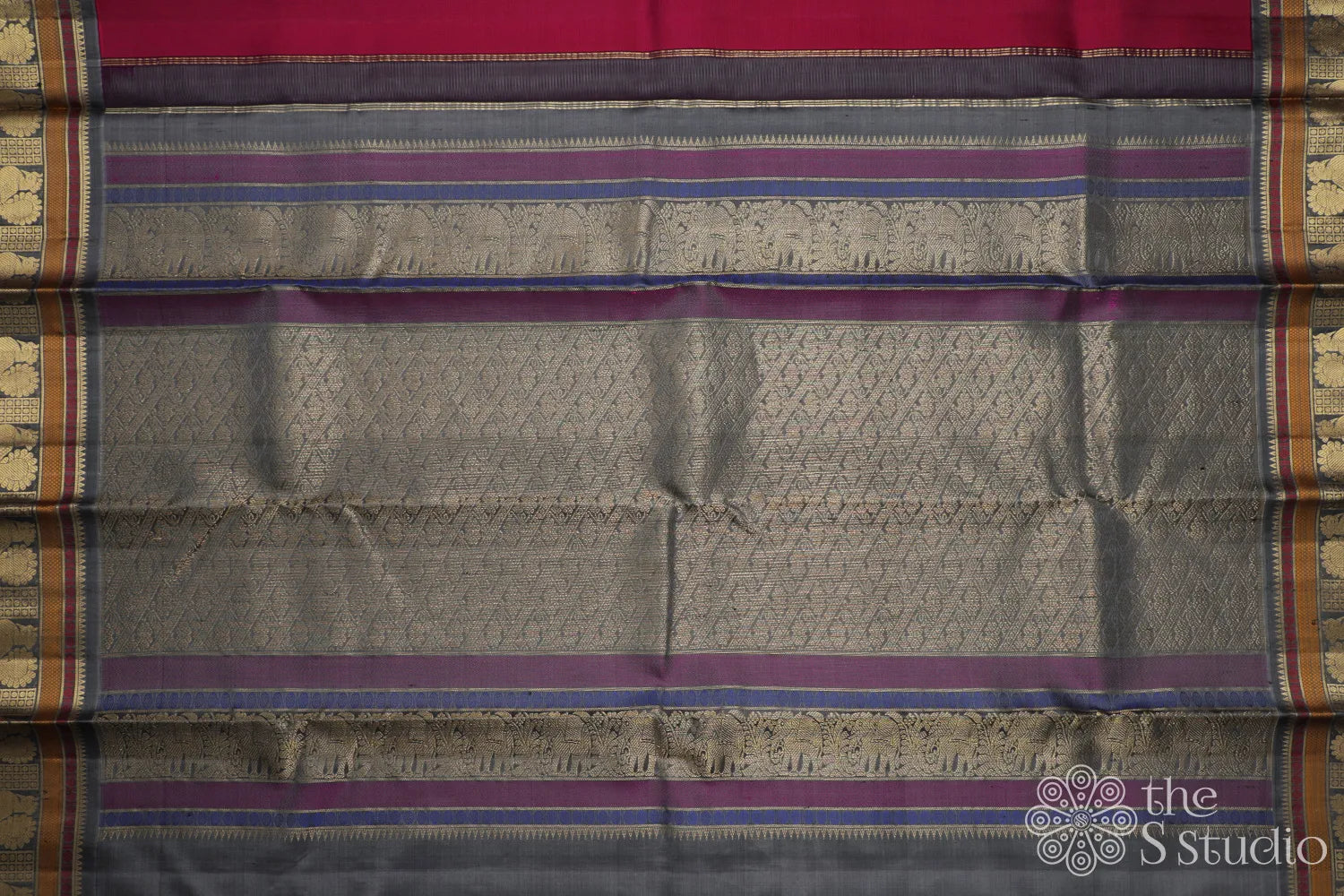 Magenta kanchi silk saree with grey zari border