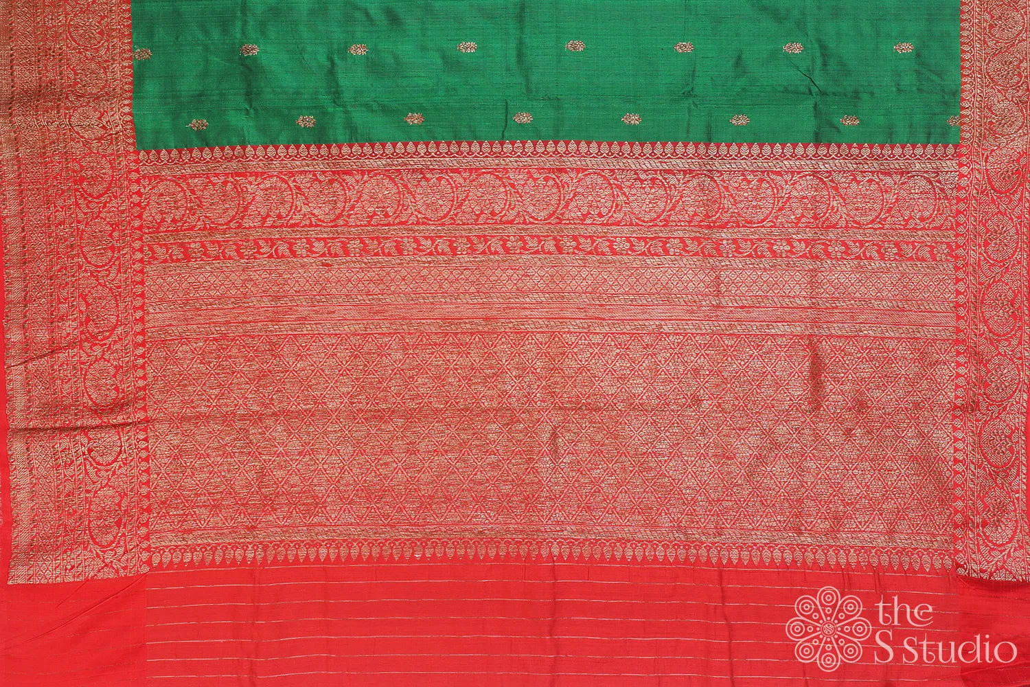 Green banarasi raw silk saree with antique zari border