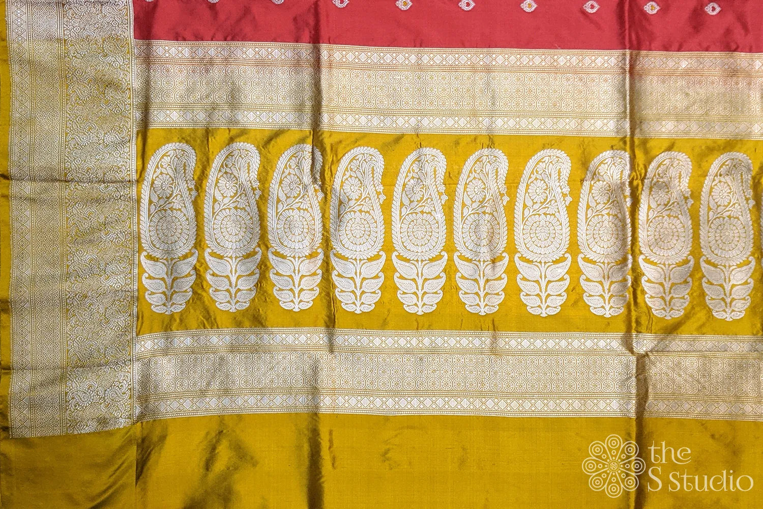 Red benarasi silk saree with mustard border