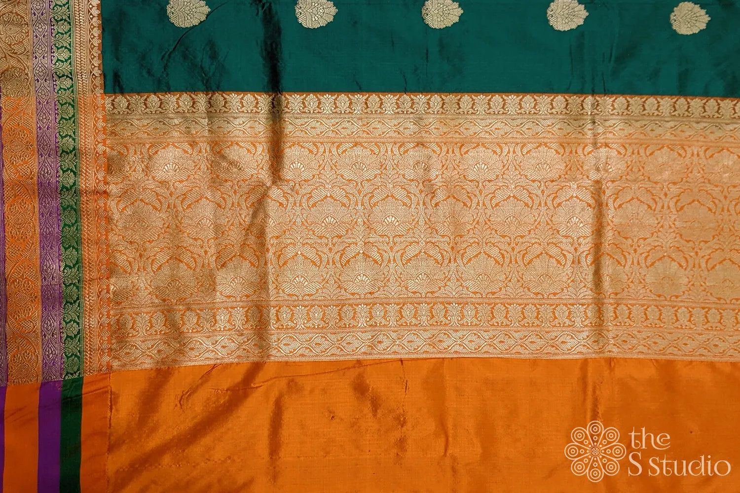 Green banarasi silk saree with orange border