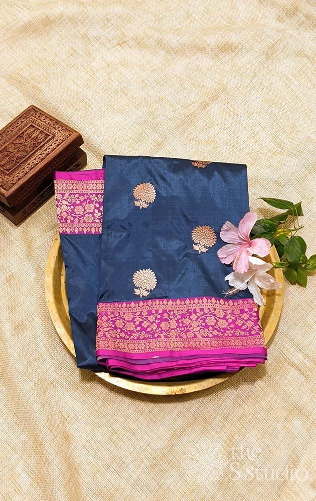 Blue banarasi silk saree with magenta border