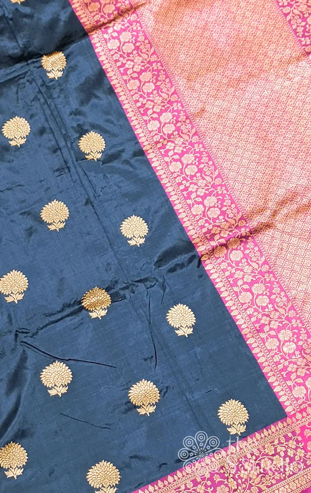 Blue banarasi silk saree with magenta border