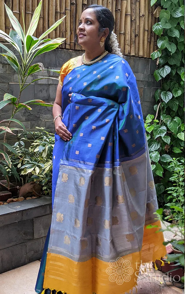 Peacock blue kanjivaram saree with double pallu