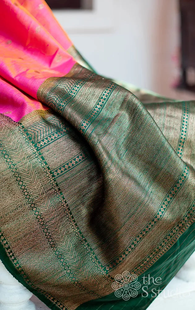 Rose banarasi raw silk saree with antique zari border