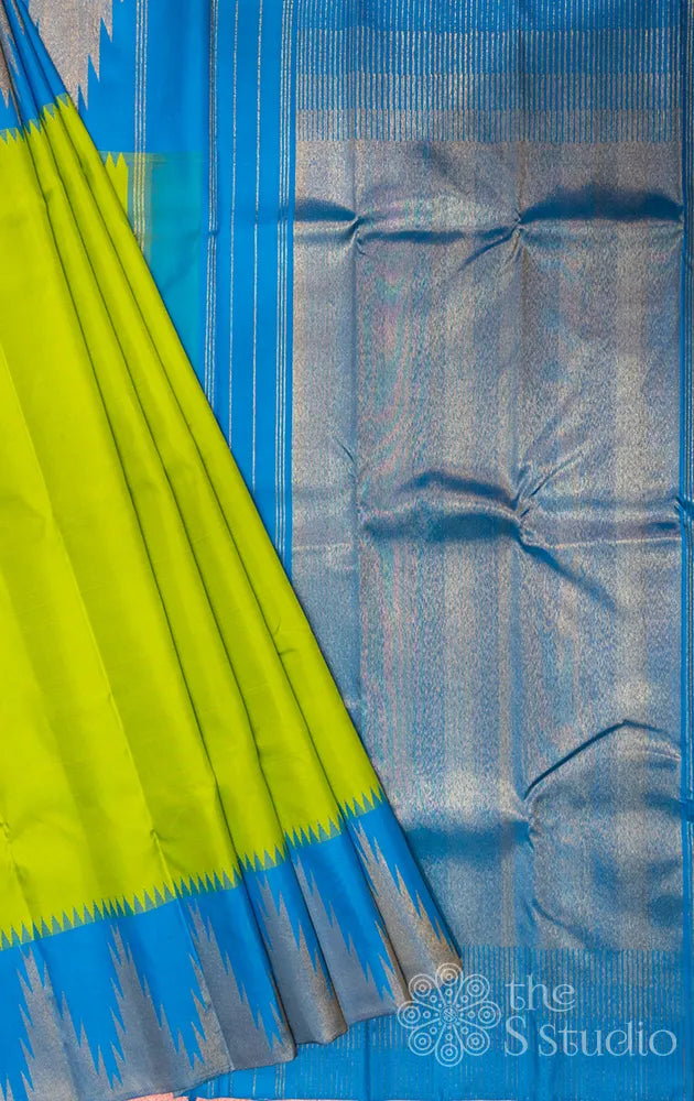 Blue and Parrot Green color Chenderi silk handloom saree with pochampally  border design CNDP0000714