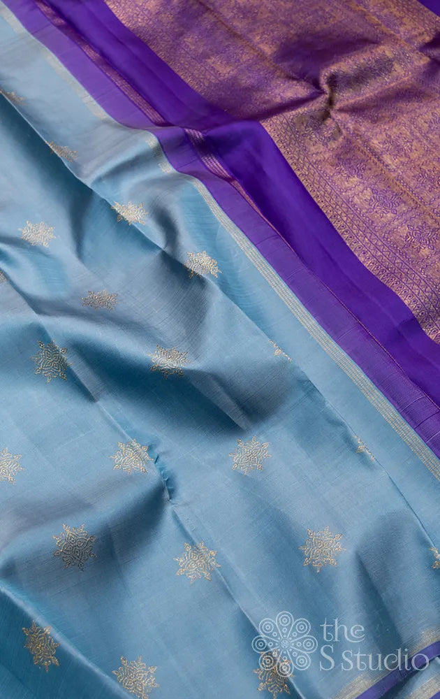 Greyish blue kanchipuram silk saree with contrast pallu