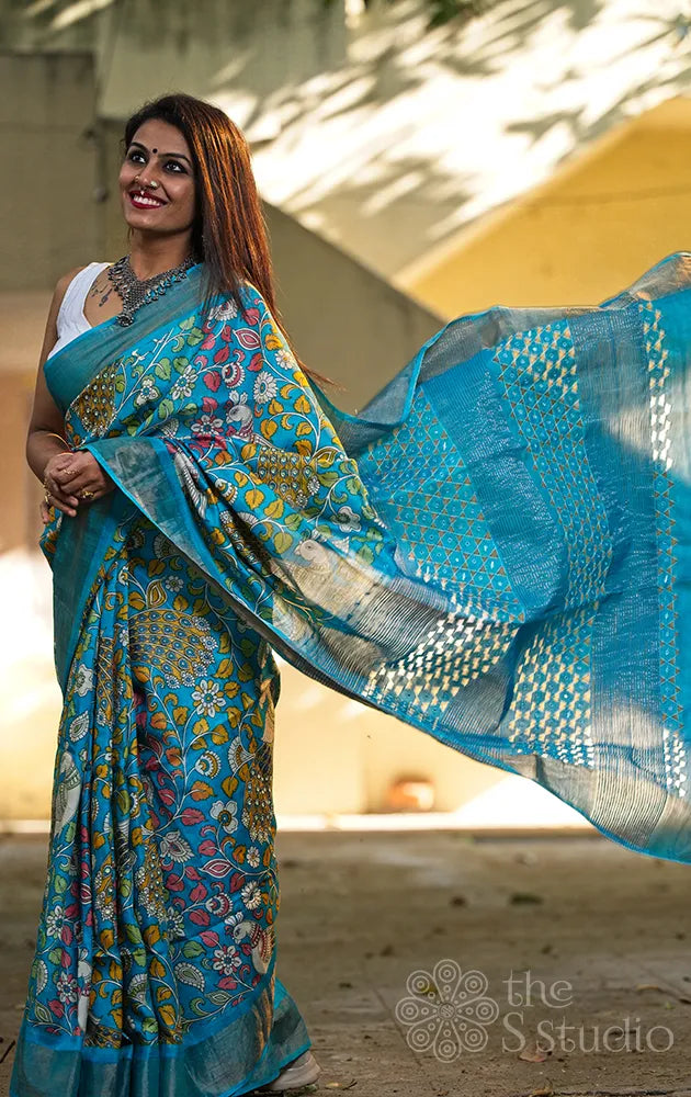 Light blue kalamkari printed tussar saree with cutwork ( Pre Order Booking Available )