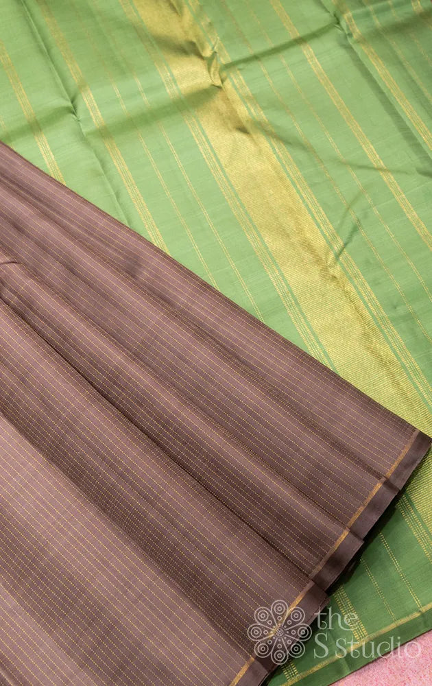 Brown thread lines kanchi silk saree with pink pallu