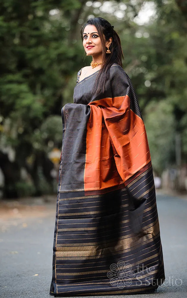Rust kanjivaram silk saree with mazhai thuli motifs
