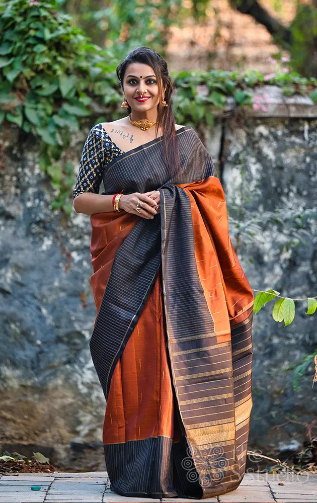 Rust kanjivaram silk saree with mazhai thuli motifs