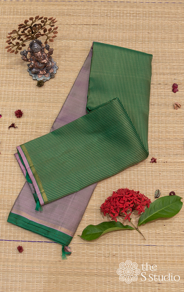 Lavendar and green half and half kanjivaram saree