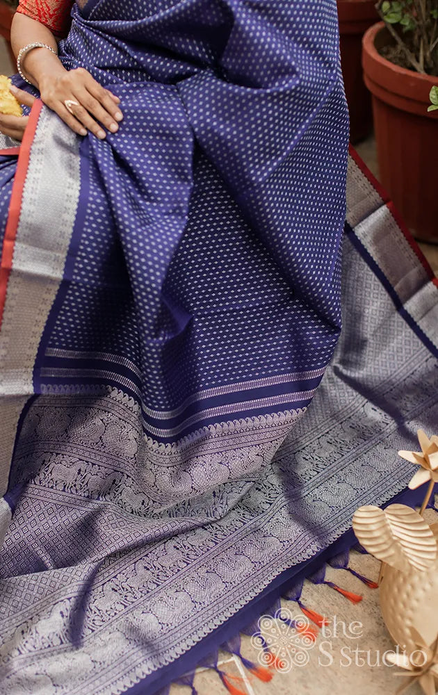 Navy blue kanjivaram saree with silver zari border