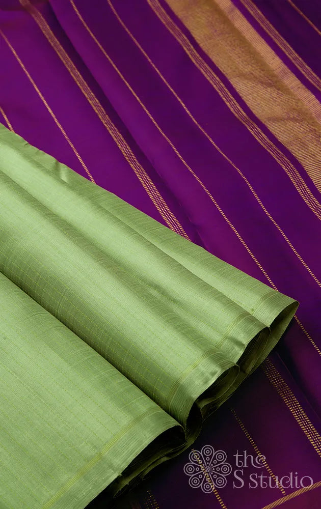 Elachi Green Vertical Lines Kanchi Silk Saree With Beetroot Pallu
