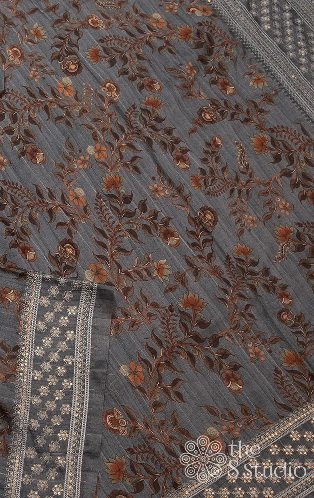 Grey tussar saree with embroidery