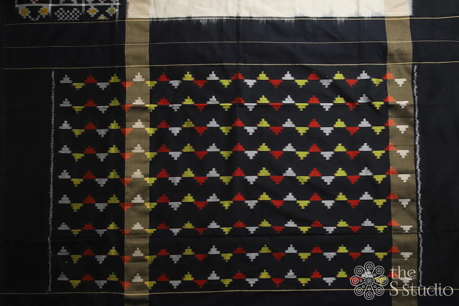 Off white pochampally ikkat silk saree with black border