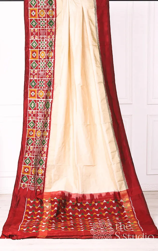 Off white pochampally ikkat silk saree with maroon border
