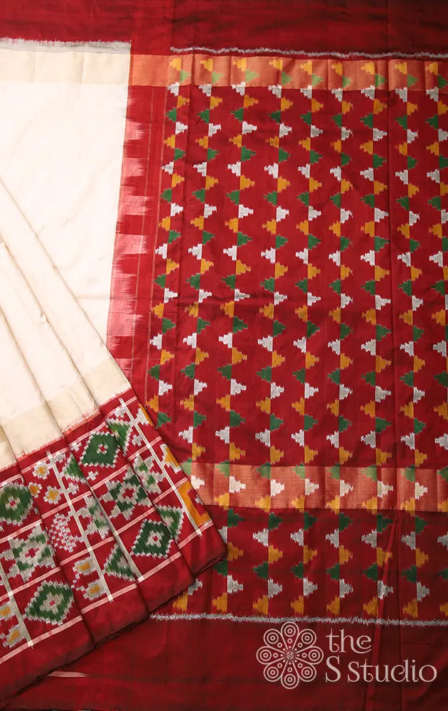 Off white pochampally ikkat silk saree with maroon border