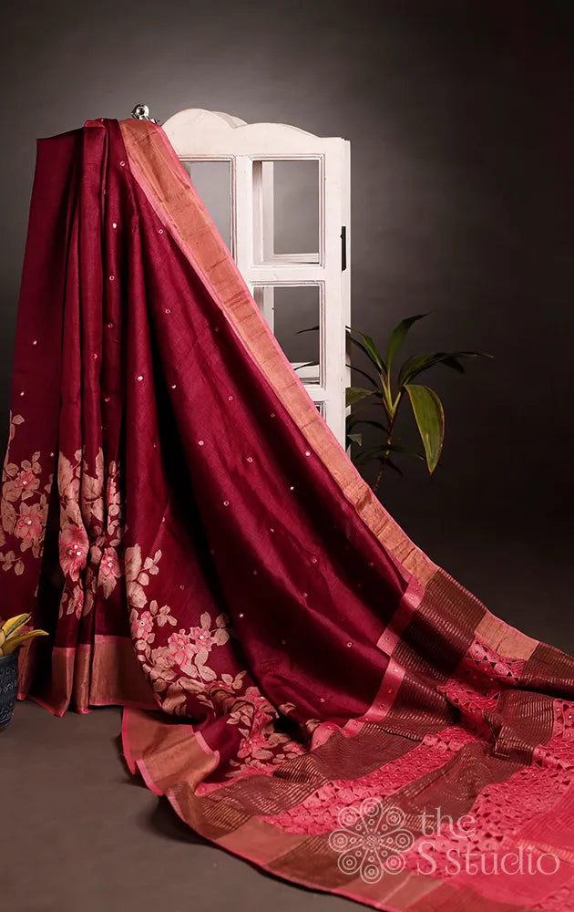 Maroon tussar saree with cutwork pallu