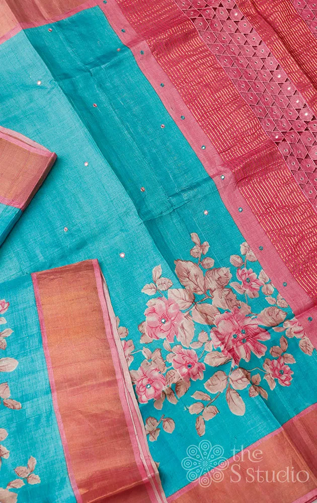 Blue tussar floral prints and cutwork saree