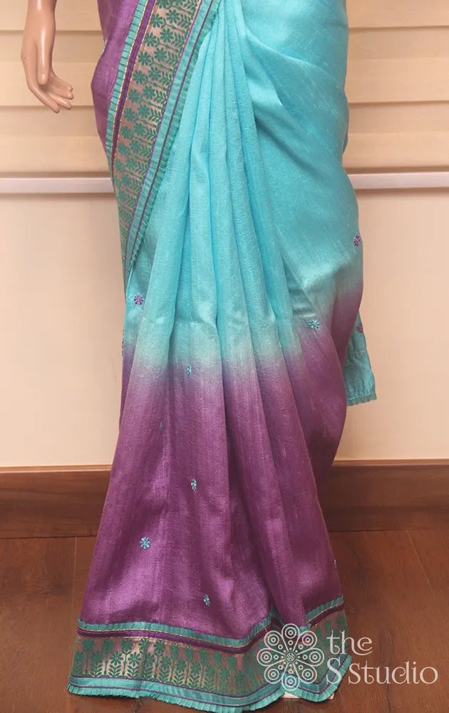 Blue and violet shaded raw silk saree