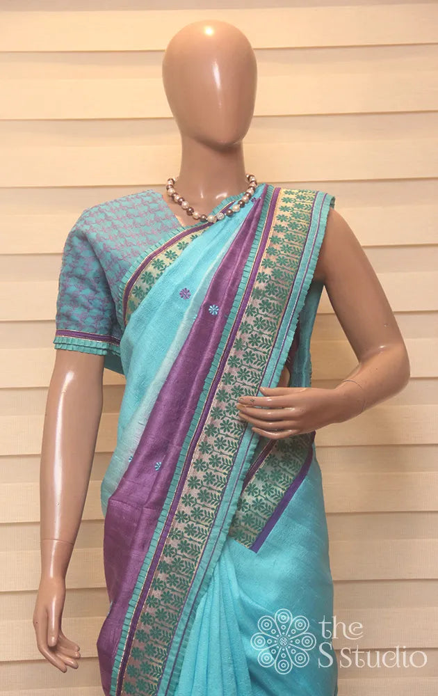 Blue and violet shaded raw silk saree