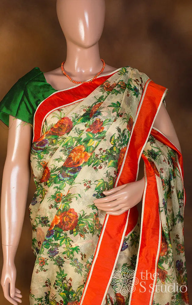 Beige Silk Kota Floral Printed Saree with Blouse