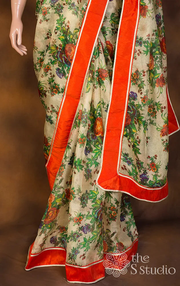 Beige Silk Kota Floral Printed Saree with Blouse